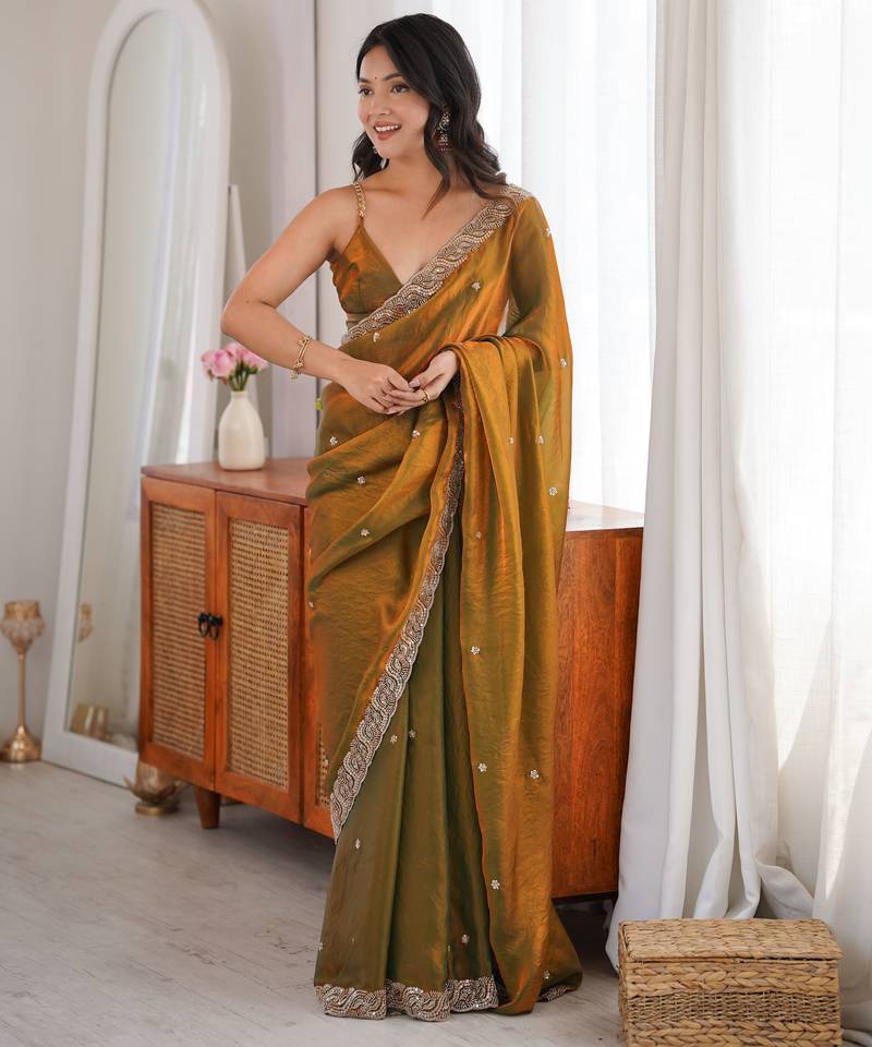 gold color fendy satin fabric beads pearl embroidery work heavy ceremonial saree