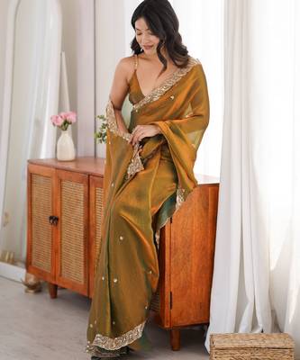 gold color fendy satin fabric beads pearl embroidery work heavy ceremonial saree 2