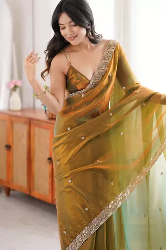 gold color fendy satin fabric beads pearl embroidery work heavy ceremonial saree