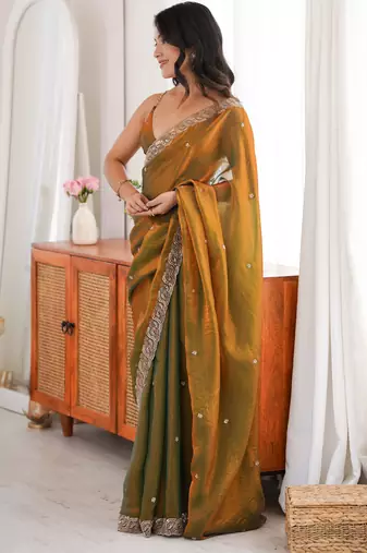gold color fendy satin fabric beads pearl embroidery work heavy ceremonial saree