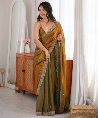 gold color fendy satin fabric beads pearl embroidery work heavy ceremonial saree 5