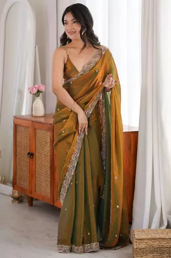 gold color fendy satin fabric beads pearl embroidery work heavy ceremonial saree