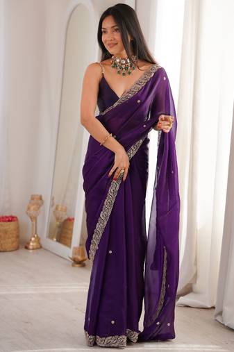 purple color fendy satin fabric beads pearl embroidery work heavy ceremonial saree