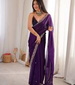 purple color fendy satin fabric beads pearl embroidery work heavy ceremonial saree