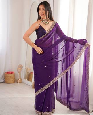 purple color fendy satin fabric beads pearl embroidery work heavy ceremonial saree 2