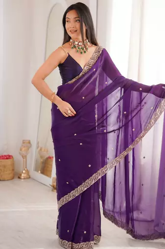 purple color fendy satin fabric beads pearl embroidery work heavy ceremonial saree