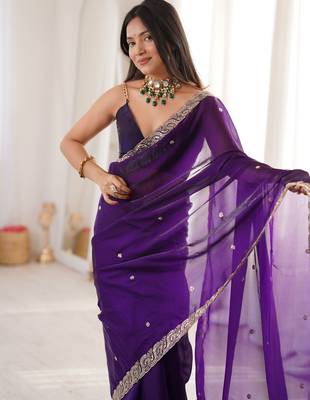 purple color fendy satin fabric beads pearl embroidery work heavy ceremonial saree 3