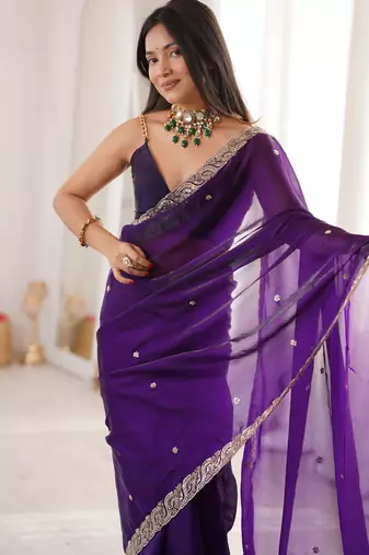 purple color fendy satin fabric beads pearl embroidery work heavy ceremonial saree