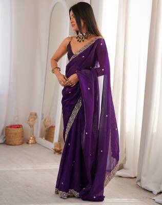 purple color fendy satin fabric beads pearl embroidery work heavy ceremonial saree 4