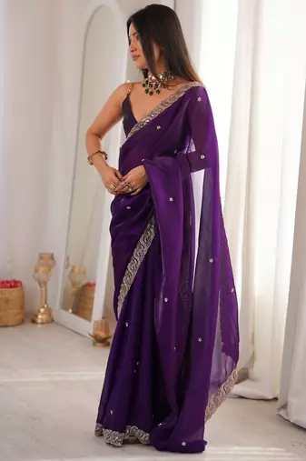 purple color fendy satin fabric beads pearl embroidery work heavy ceremonial saree