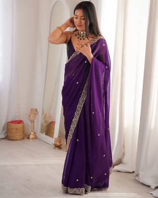 purple color fendy satin fabric beads pearl embroidery work heavy ceremonial saree 5