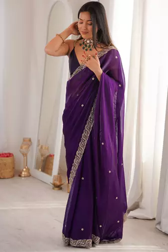 purple color fendy satin fabric beads pearl embroidery work heavy ceremonial saree
