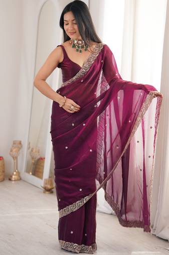 wine color fendy satin fabric beads pearl embroidery work heavy ceremonial saree