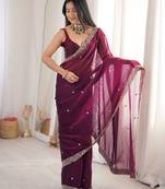 wine color fendy satin fabric beads pearl embroidery work heavy ceremonial saree