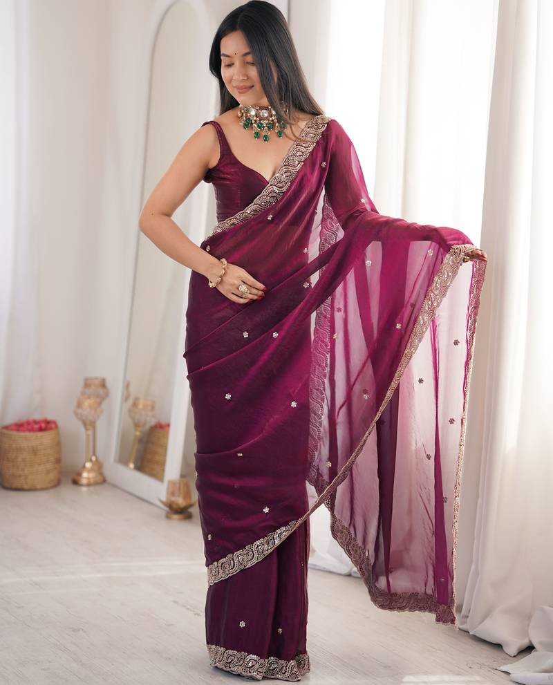 wine color fendy satin fabric beads pearl embroidery work heavy ceremonial saree