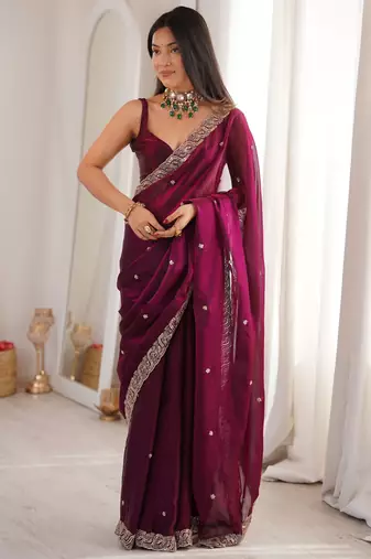 wine color fendy satin fabric beads pearl embroidery work heavy ceremonial saree