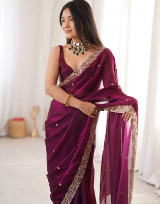 wine color fendy satin fabric beads pearl embroidery work heavy ceremonial saree 3