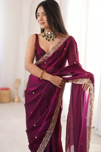 wine color fendy satin fabric beads pearl embroidery work heavy ceremonial saree