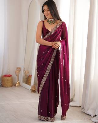 wine color fendy satin fabric beads pearl embroidery work heavy ceremonial saree 4