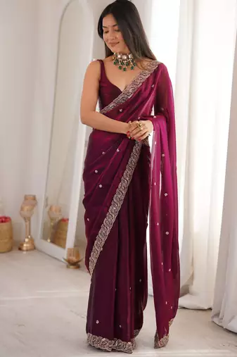 wine color fendy satin fabric beads pearl embroidery work heavy ceremonial saree