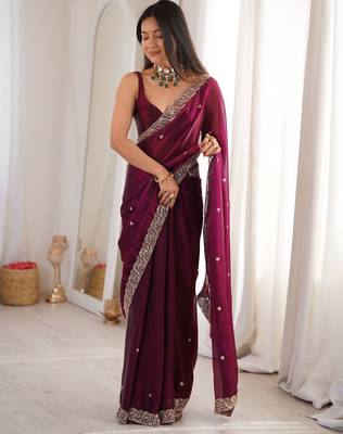 wine color fendy satin fabric beads pearl embroidery work heavy ceremonial saree 5