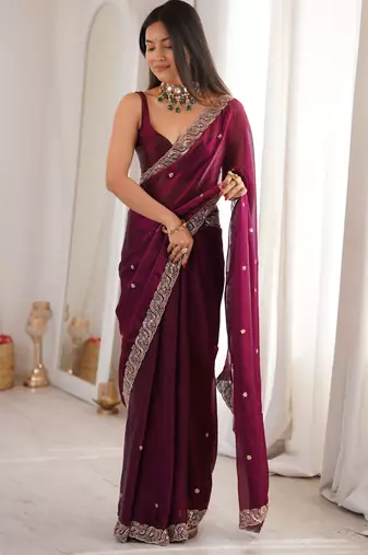wine color fendy satin fabric beads pearl embroidery work heavy ceremonial saree