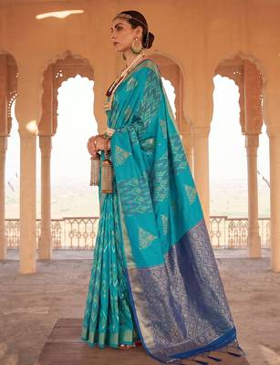 sky blue color smart and trendy soft silk blend woven designer saree 3