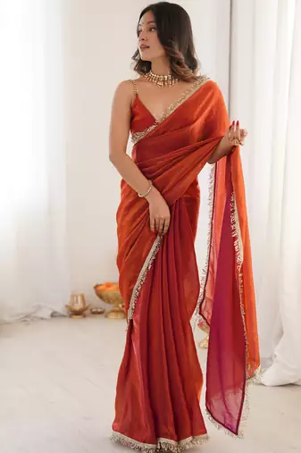 Orange color smart fendy satin designer trending bollywood saree