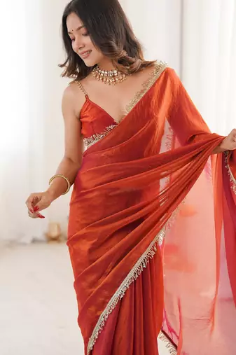 Orange color smart fendy satin designer trending bollywood saree
