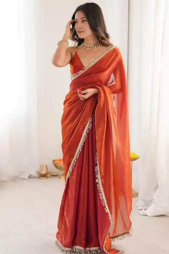 Orange color smart fendy satin designer trending bollywood saree
