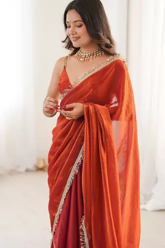 Orange color smart fendy satin designer trending bollywood saree