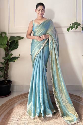 sky blue color smart fendy satin designer trending bollywood saree