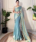 sky blue color smart fendy satin designer trending bollywood saree
