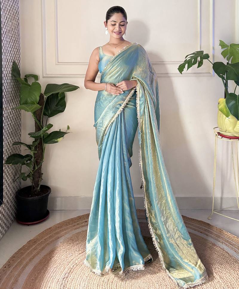 Sky blue color smart fendy satin designer trending bollywood saree