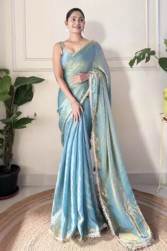 sky blue color smart fendy satin designer trending bollywood saree