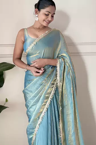 sky blue color smart fendy satin designer trending bollywood saree