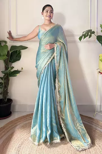 sky blue color smart fendy satin designer trending bollywood saree