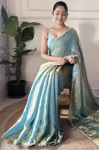 sky blue color smart fendy satin designer trending bollywood saree