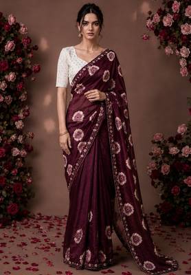 maroon color smart chiffon fabric beautiful embroidered saree 1