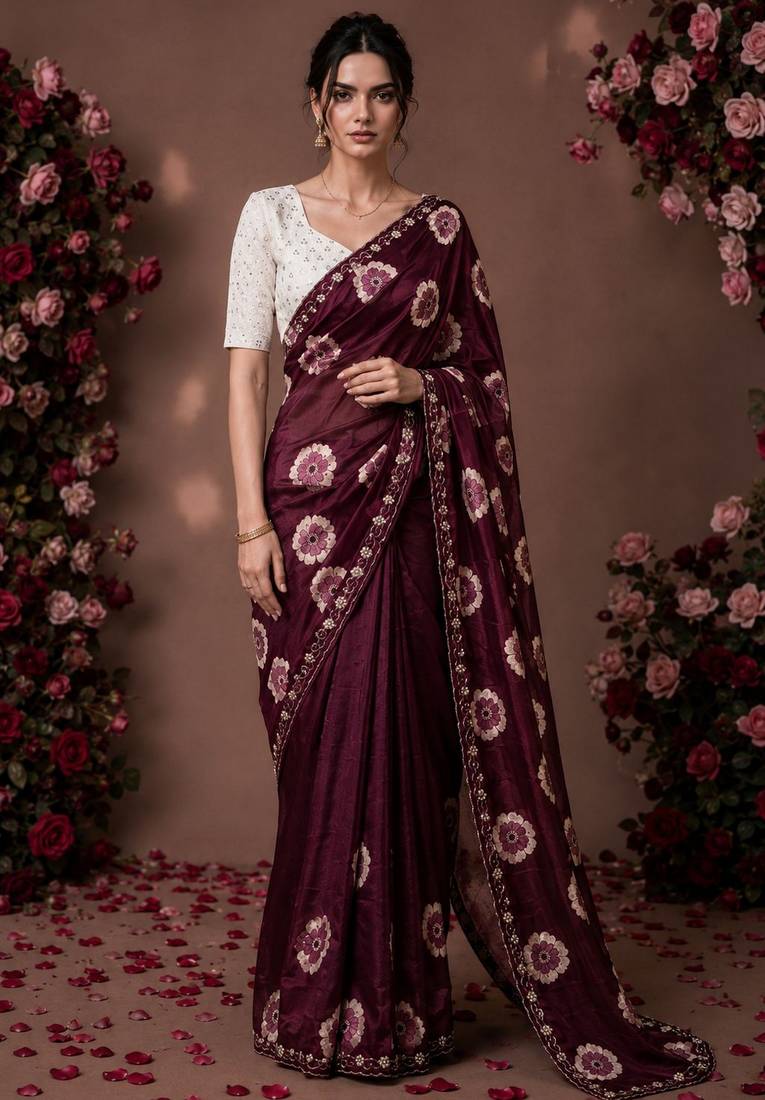 maroon color smart chiffon fabric beautiful embroidered saree