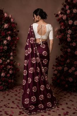 maroon color smart chiffon fabric beautiful embroidered saree 2
