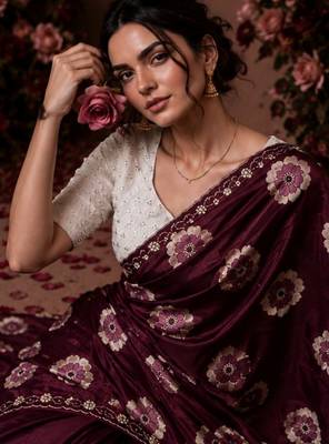 maroon color smart chiffon fabric beautiful embroidered saree 3