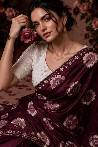 maroon color smart chiffon fabric beautiful embroidered saree