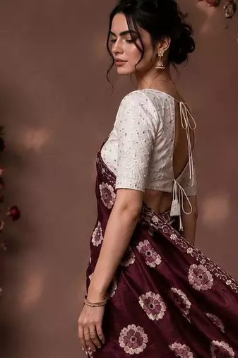maroon color smart chiffon fabric beautiful embroidered saree