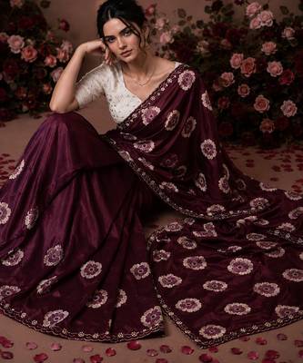 maroon color smart chiffon fabric beautiful embroidered saree 5