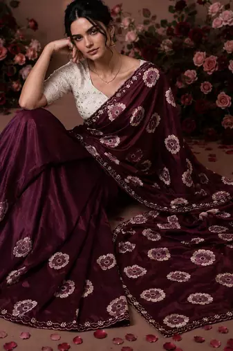 maroon color smart chiffon fabric beautiful embroidered saree