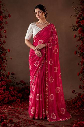pink color smart chiffon fabric beautiful embroidered saree