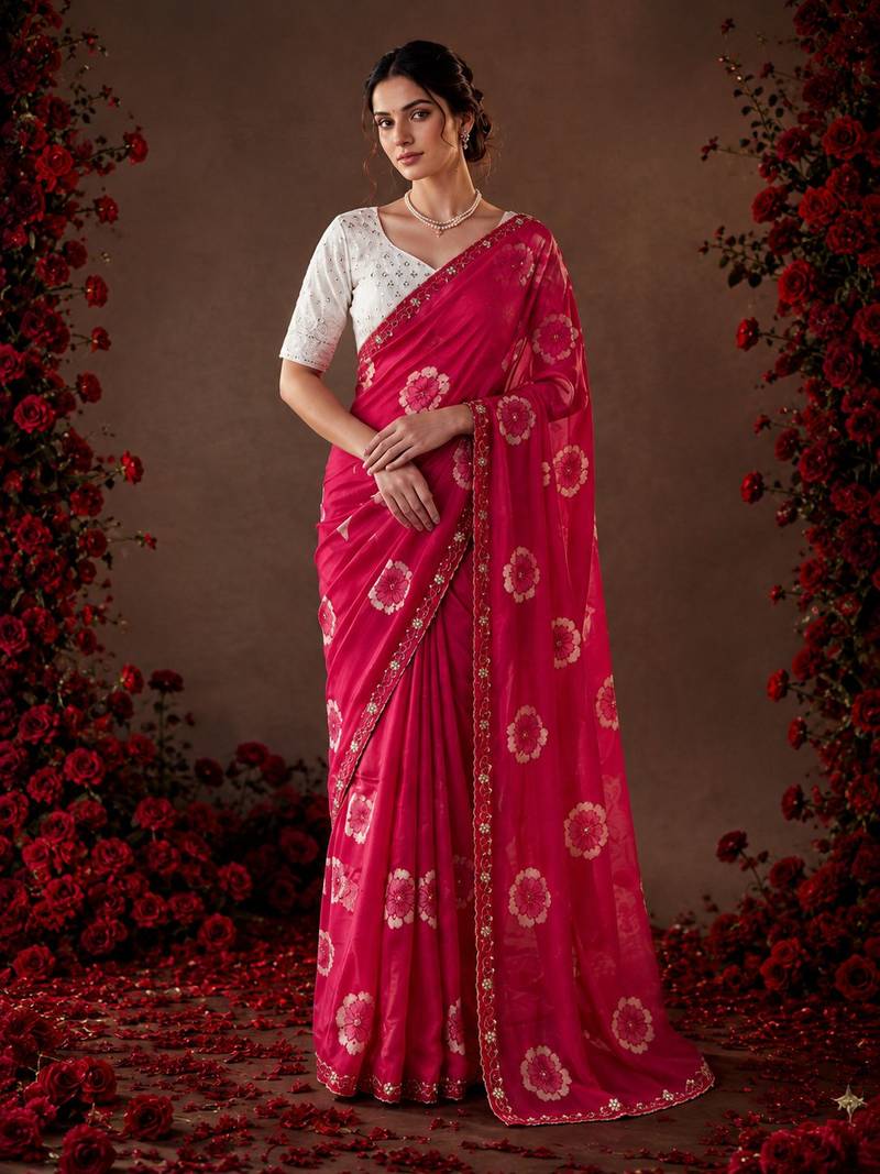 pink color smart chiffon fabric beautiful embroidered saree