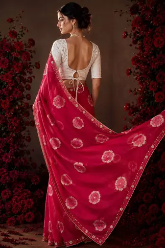 pink color smart chiffon fabric beautiful embroidered saree