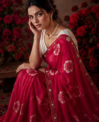 pink color smart chiffon fabric beautiful embroidered saree 3